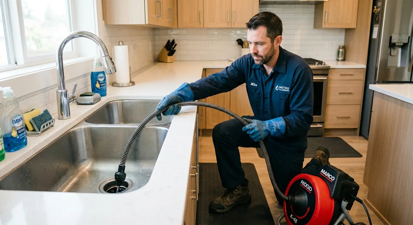 Drain cleaning technician using a motorized snake on a kitchen sink in Tamiami