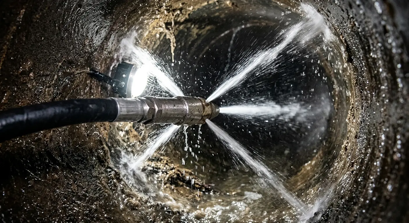 High-pressure hydro jetting nozzle cleaning sewer pipe for Emergency Drain Service in Tamiami