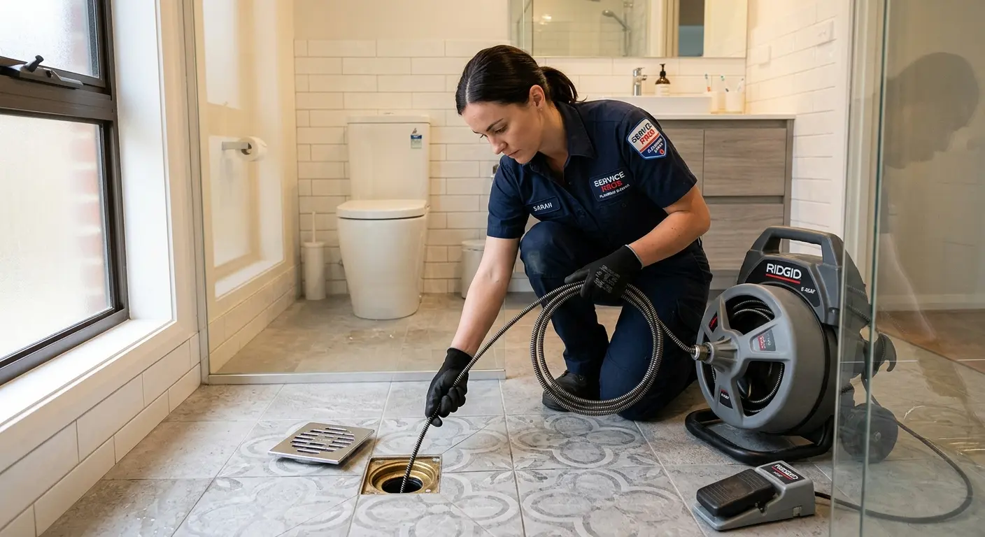 Technician clearing a bathroom floor drain for Drain Cleaning in Tamiami